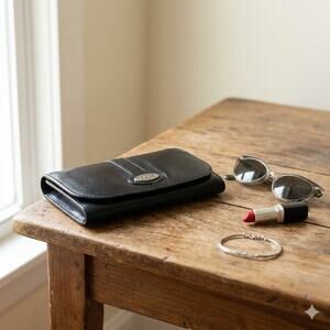 Vintage Axcess Black Leather Women's Flap Wallet Made in Italy